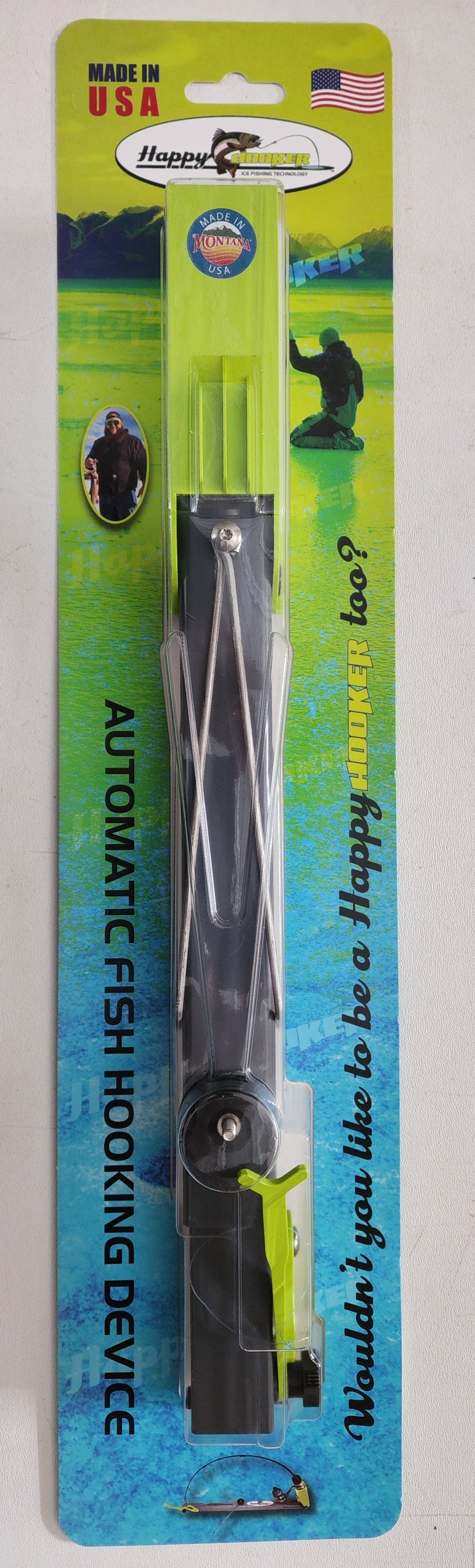 Automatic fish hooking device on a blue and green packaging with Happy Fisherman branding.
