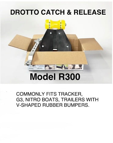 Drotto Catch & Release Model R300 automatic boat latch fits trailer roller brackets 3 – 3⅜" wide.